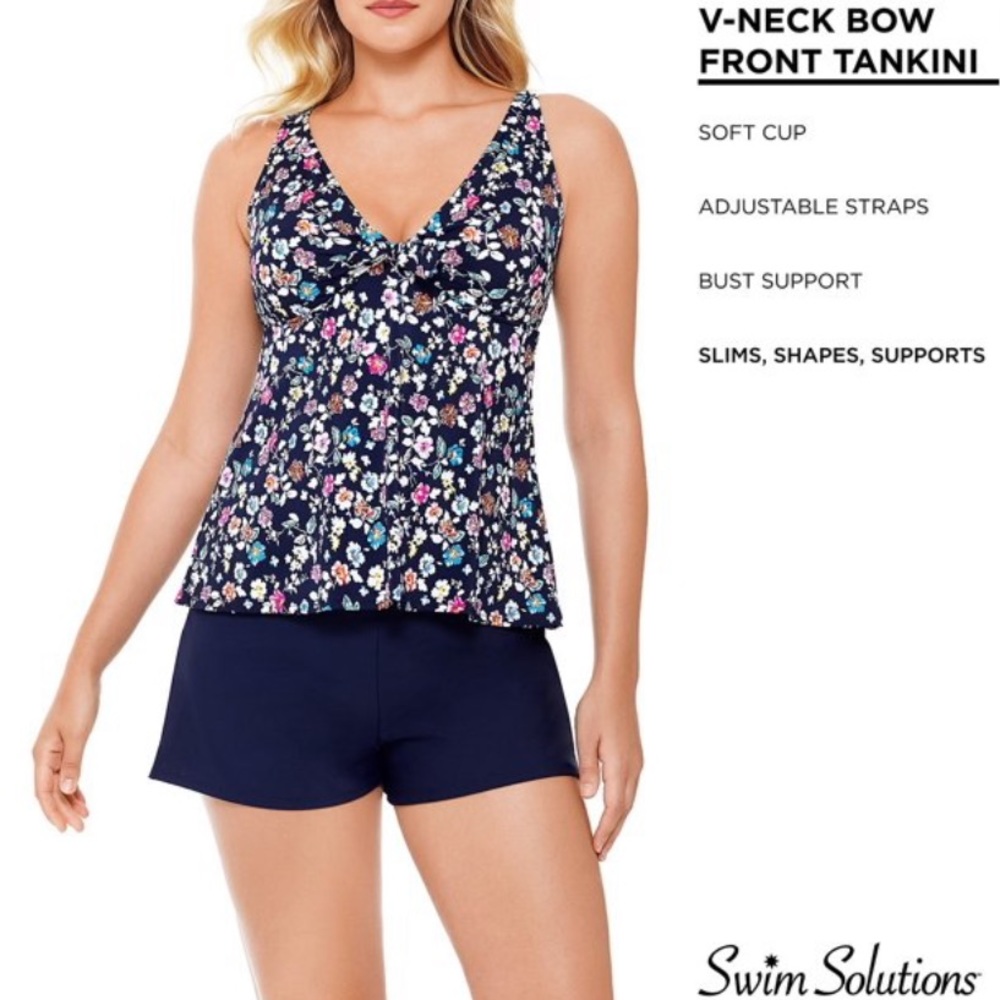 NWT Swim Solutions Bow Front Tankini Swim Top Vintage Daisy Size 10